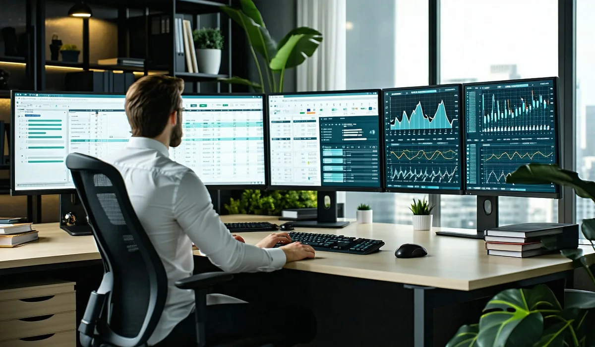 Insurance carrier operations team reviewing commercial policy submissions at a desk with multiple monitors showing policy data