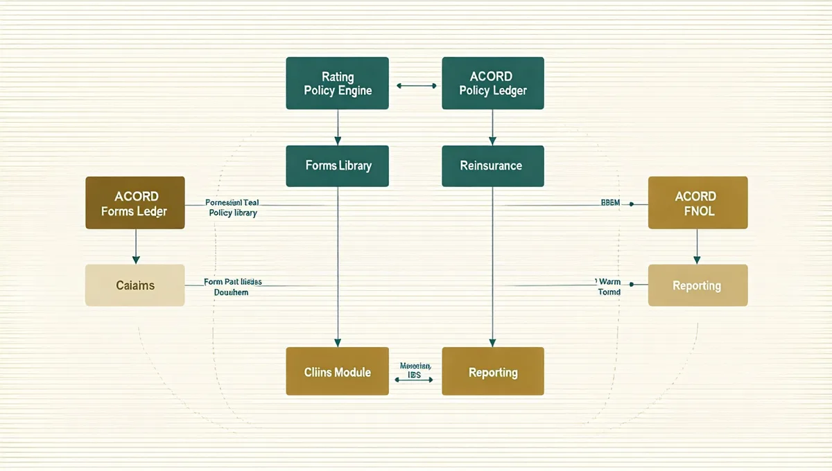 Irys platform architecture showing Rating Engine, Policy Ledger, Forms Library, Reinsurance Module, and Reporting components