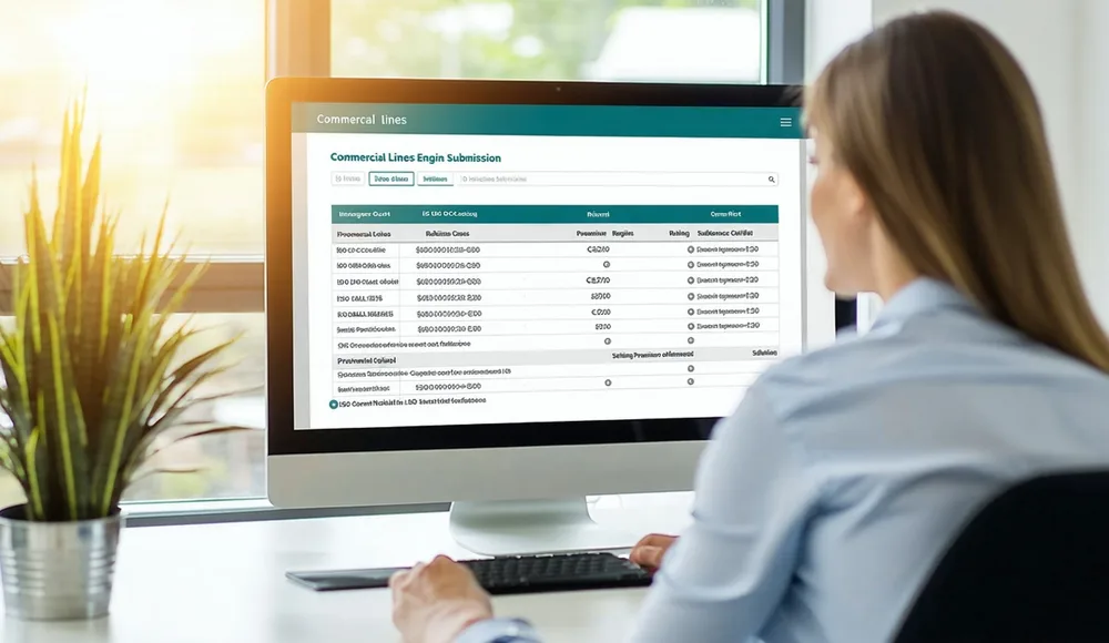 Underwriter reviewing commercial lines submission and rating output on policy administration software