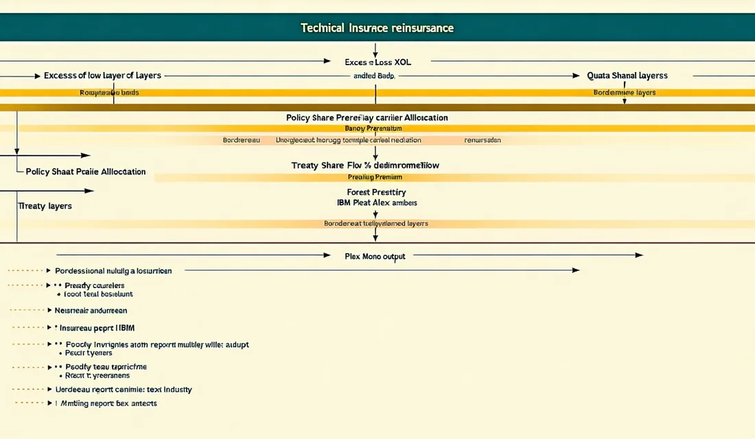 Detailed treaty reinsurance structure diagram showing XOL layers, quota share, and bordereau reporting outputs