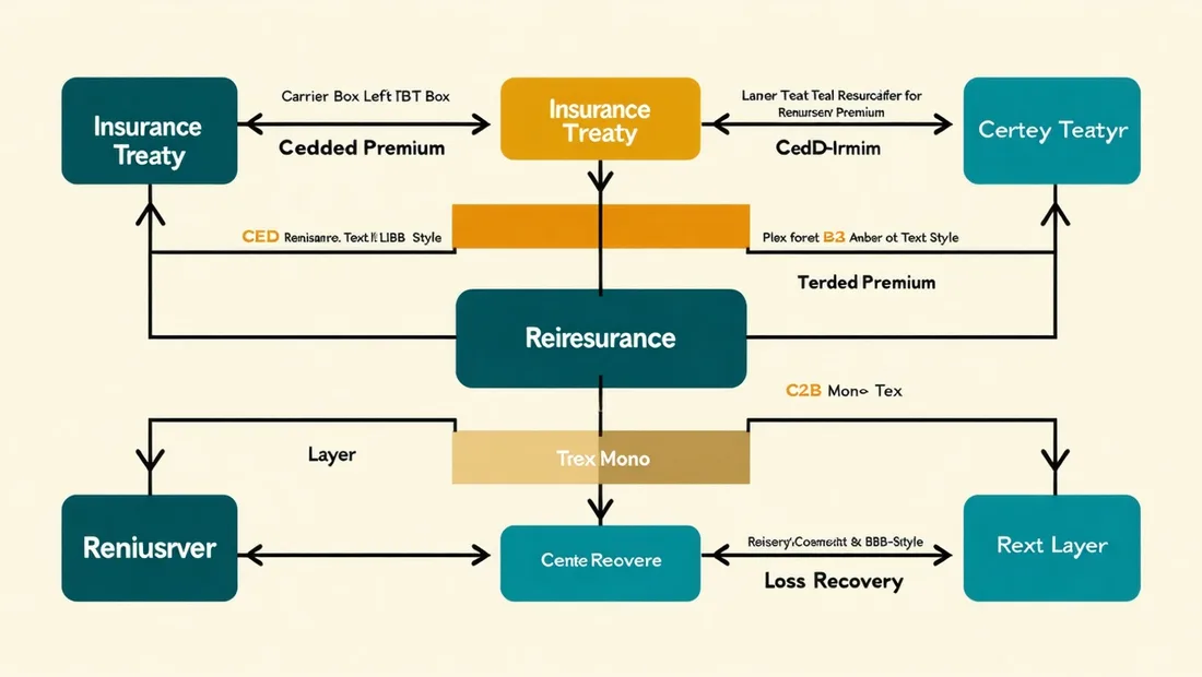 Diagram showing treaty reinsurance cession workflow from carrier policy through treaty to reinsurer with premium and loss share flows